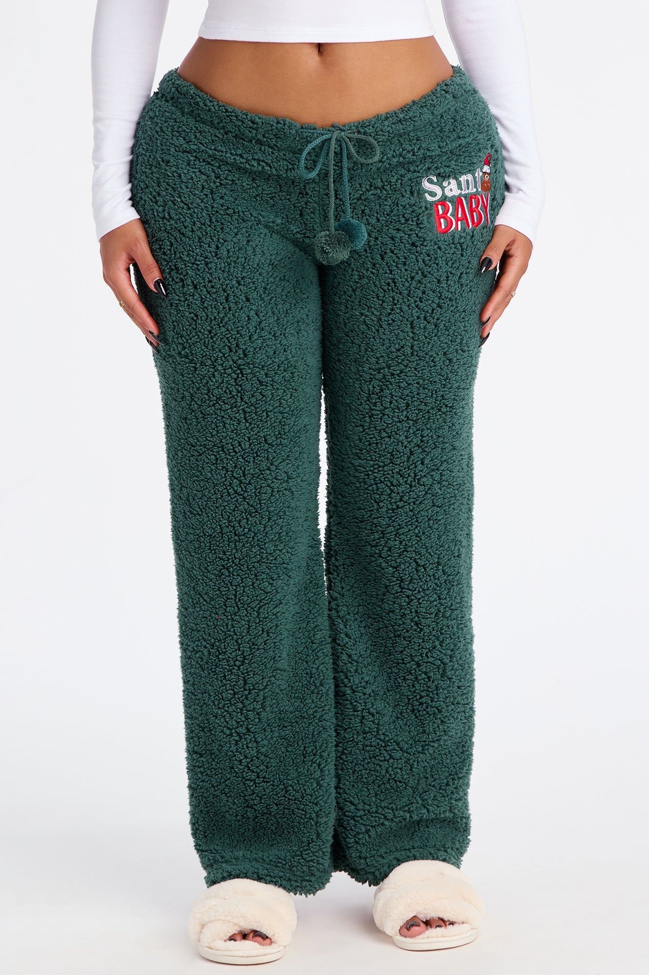 Santa Baby Embroidered Sherpa PJ Pants - Green