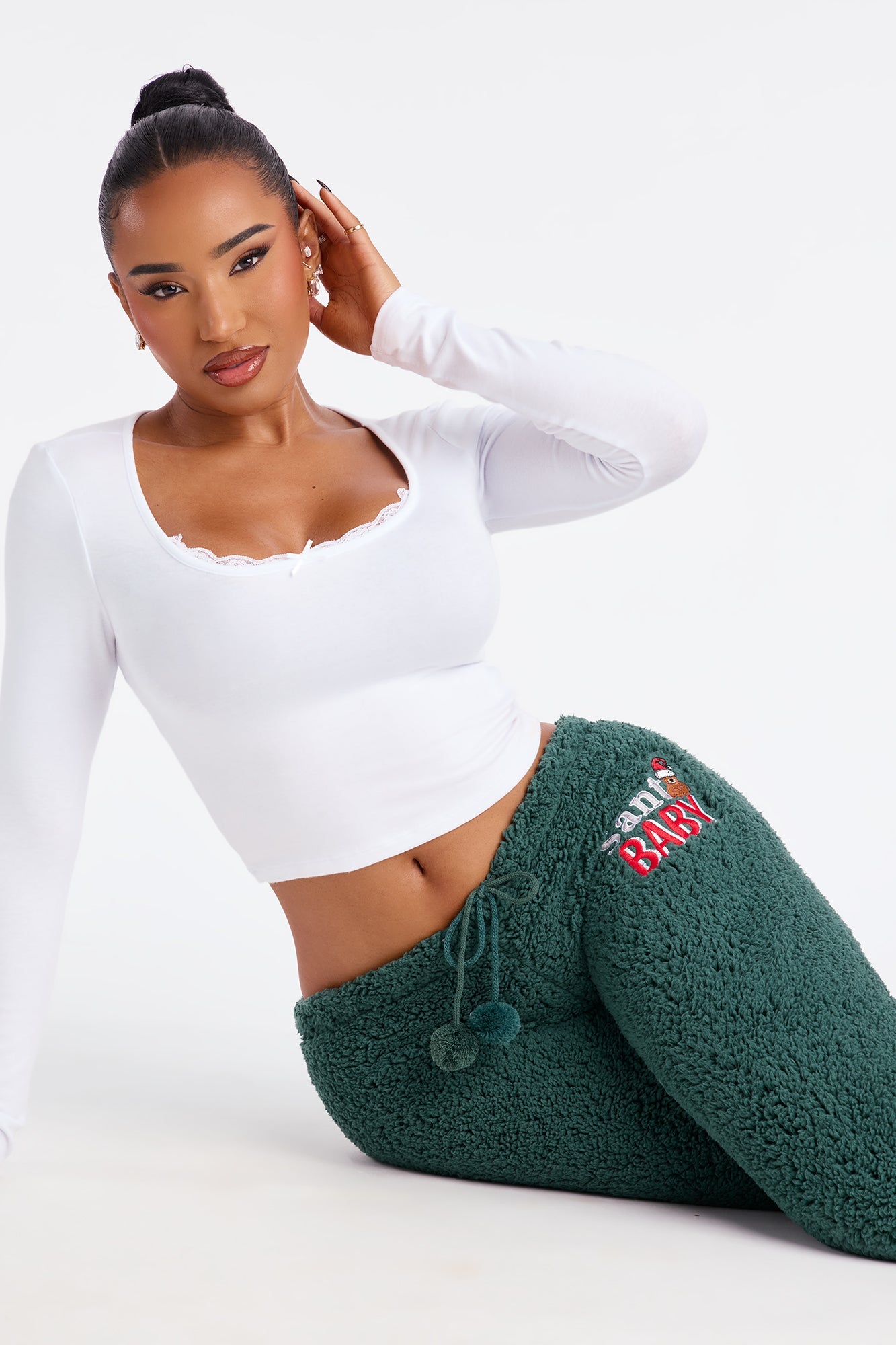 Santa Baby Embroidered Sherpa PJ Pants - Green