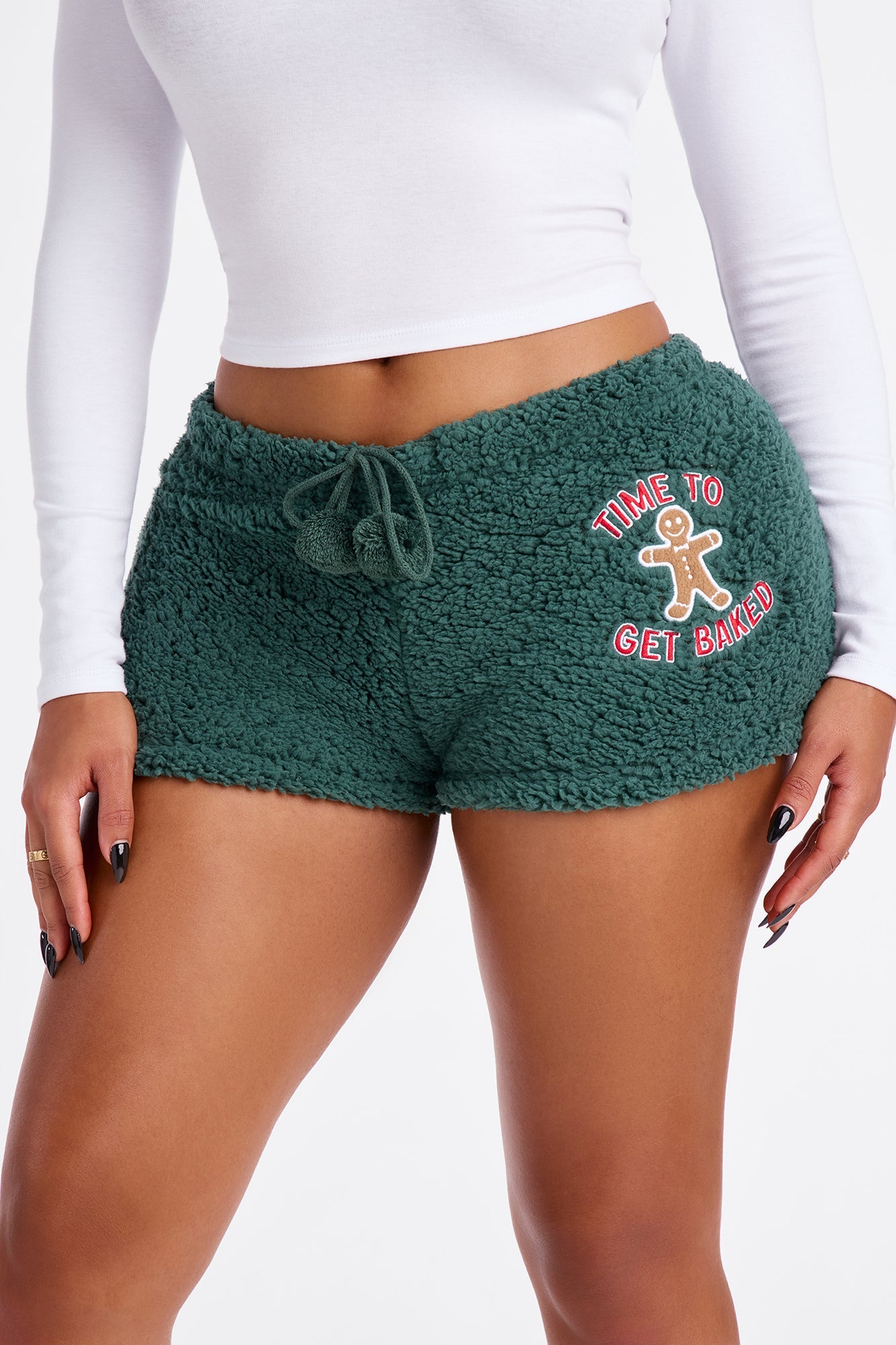 Time To Get Baked Embroidered Sherpa PJ Shorts - Green