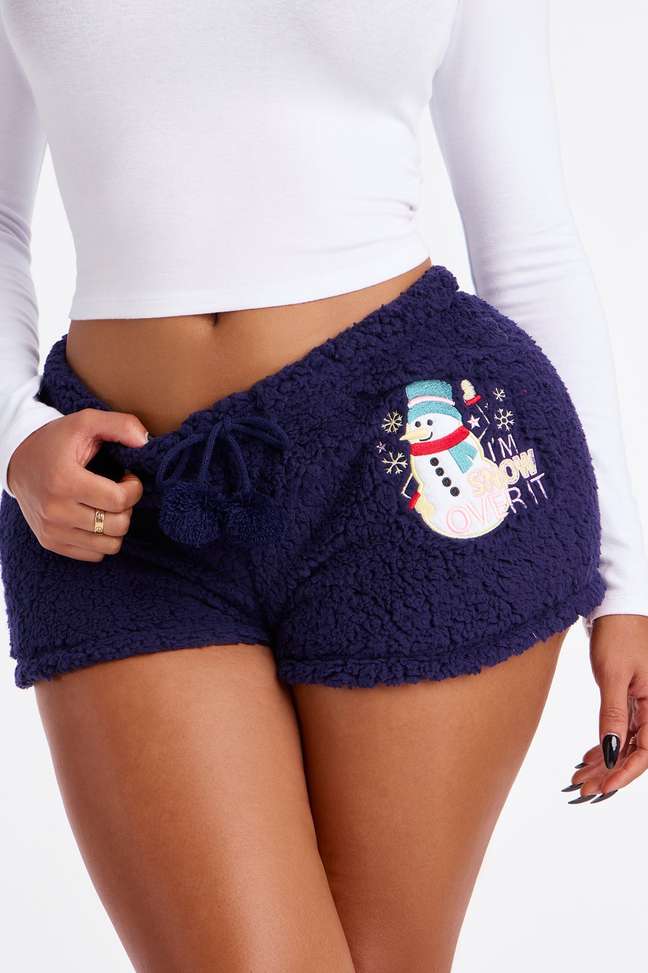 Snow Over It Embroidered Sherpa PJ Shorts - Navy