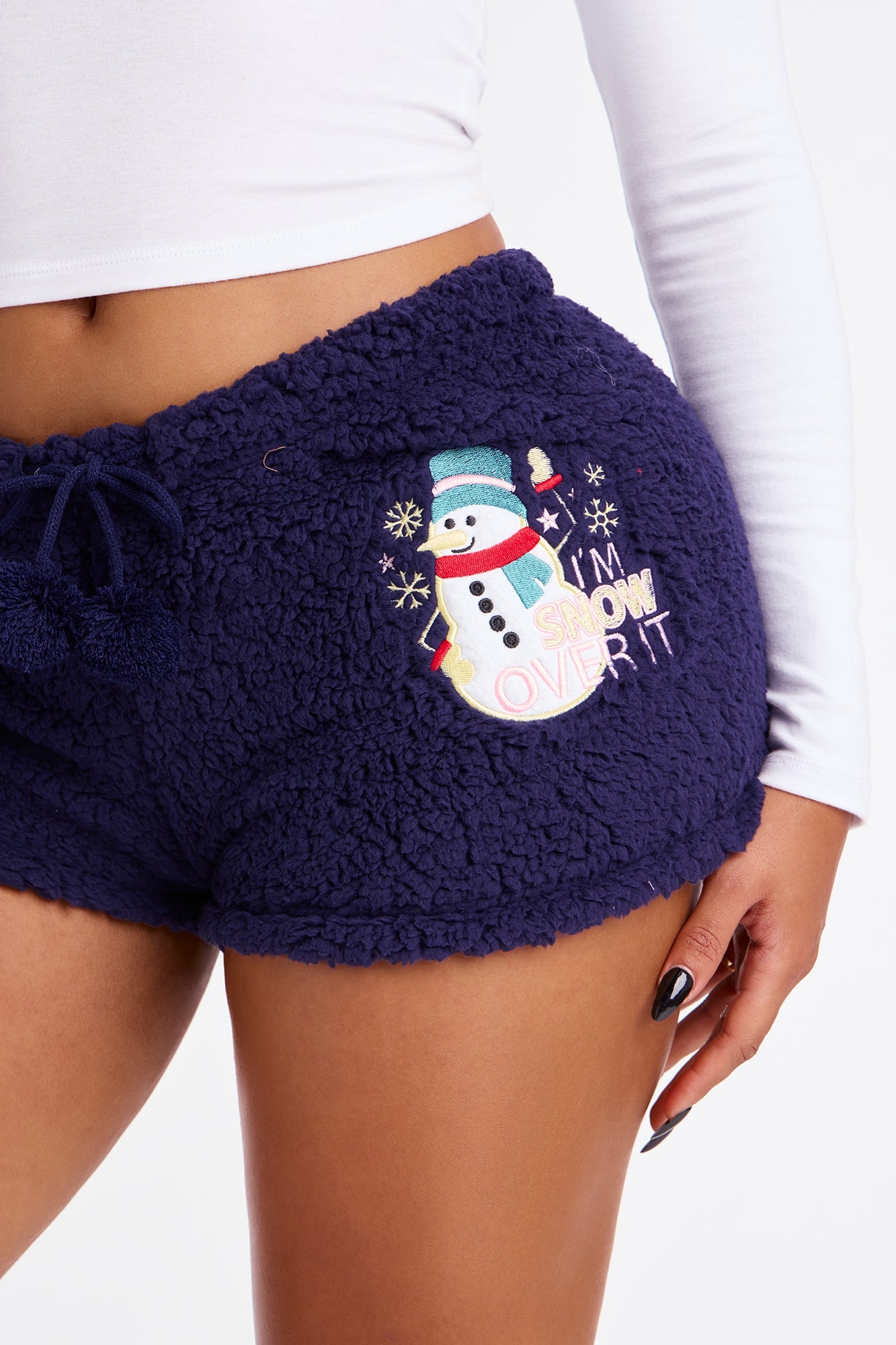 Snow Over It Embroidered Sherpa PJ Shorts - Navy
