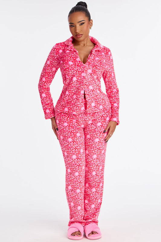 Peppermint Cutie Plush PJ Pant Set - Hot Pink