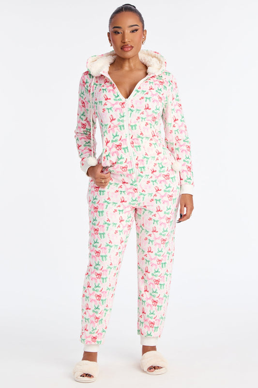 Cutie Bows Plush PJ Jumpsuit Onesie - Pink/combo