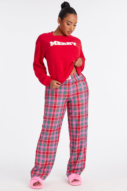 Feeling Merry Long Sleeve Crew Neck Flannel PJ Boxer Pant Set - Red/combo