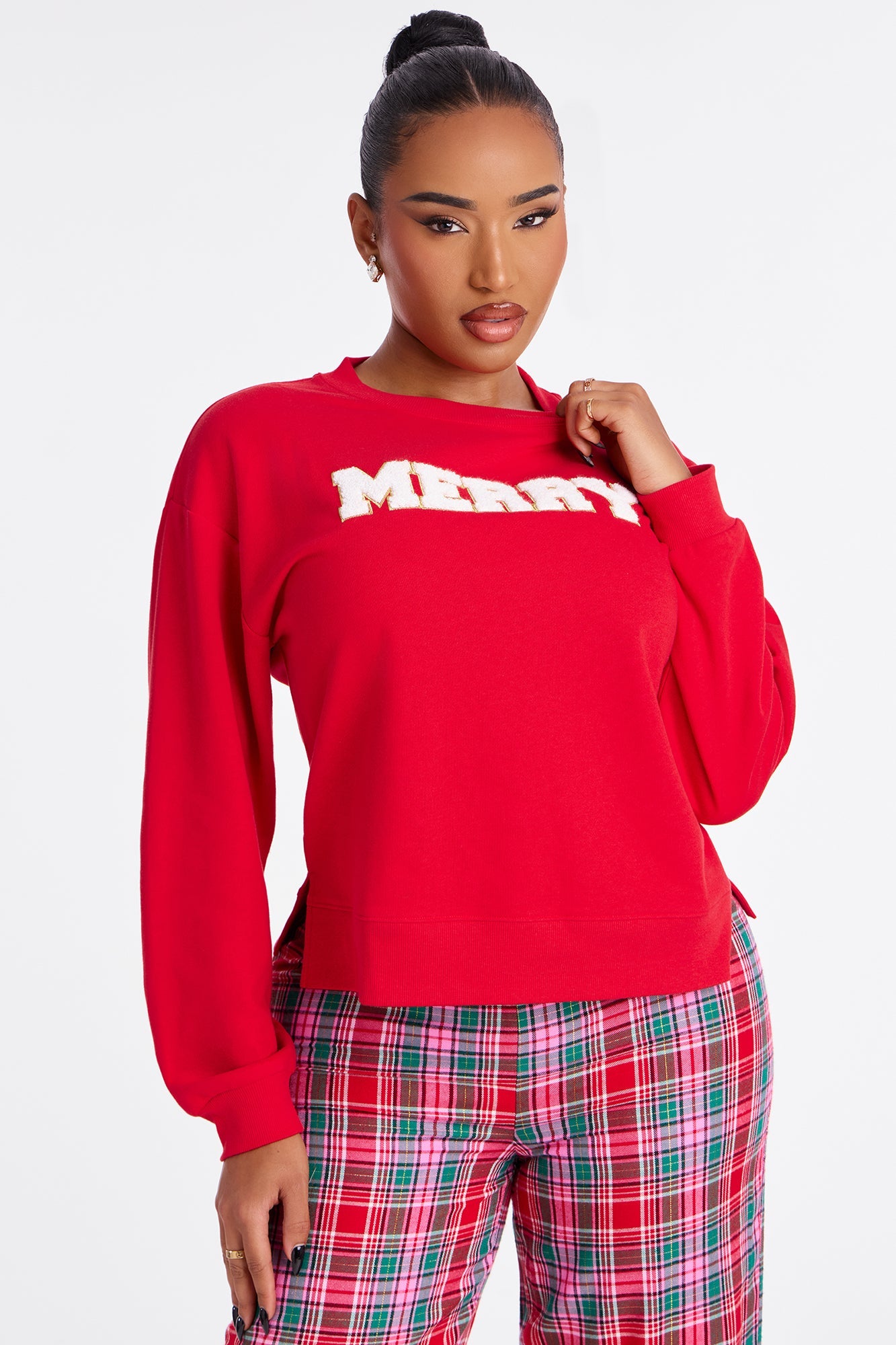 Feeling Merry Long Sleeve Crew Neck Flannel PJ Boxer Pant Set - Red/combo