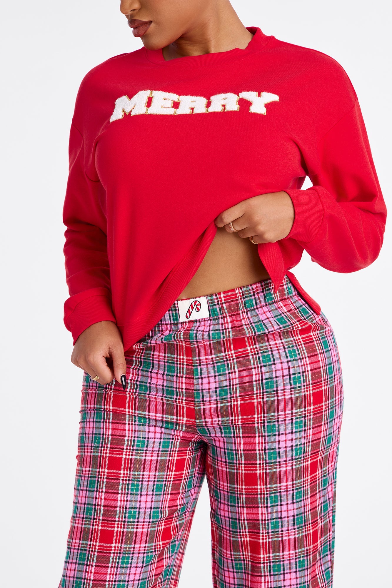 Feeling Merry Long Sleeve Crew Neck Flannel PJ Boxer Pant Set - Red/combo