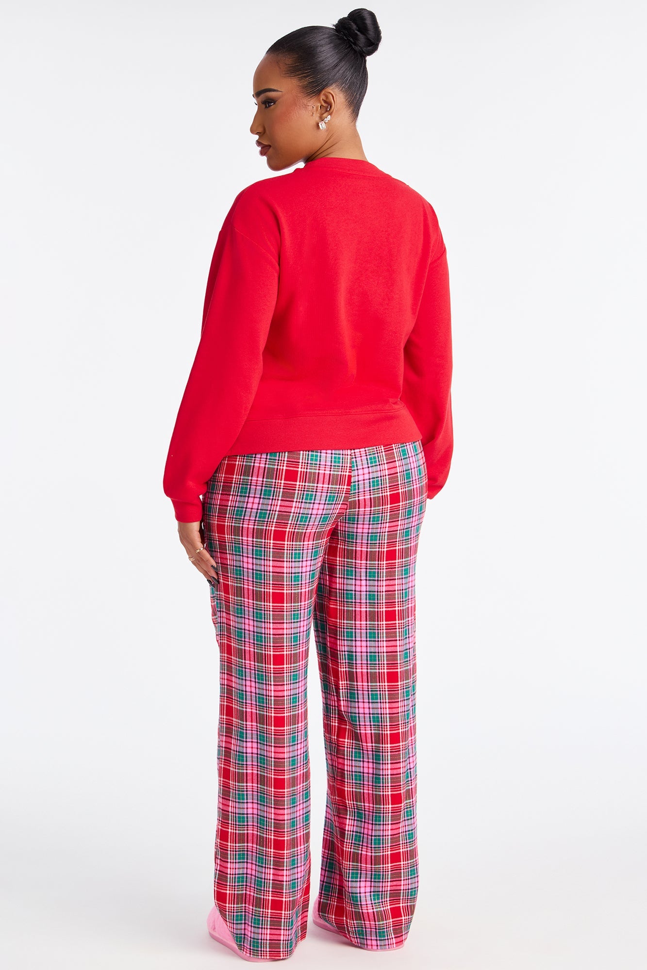 Feeling Merry Long Sleeve Crew Neck Flannel PJ Boxer Pant Set - Red/combo