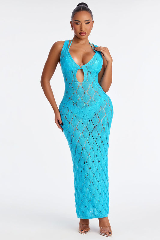 Jamila 3 Piece Bikini & Crochet Cover Up Dress Set - Turquoise