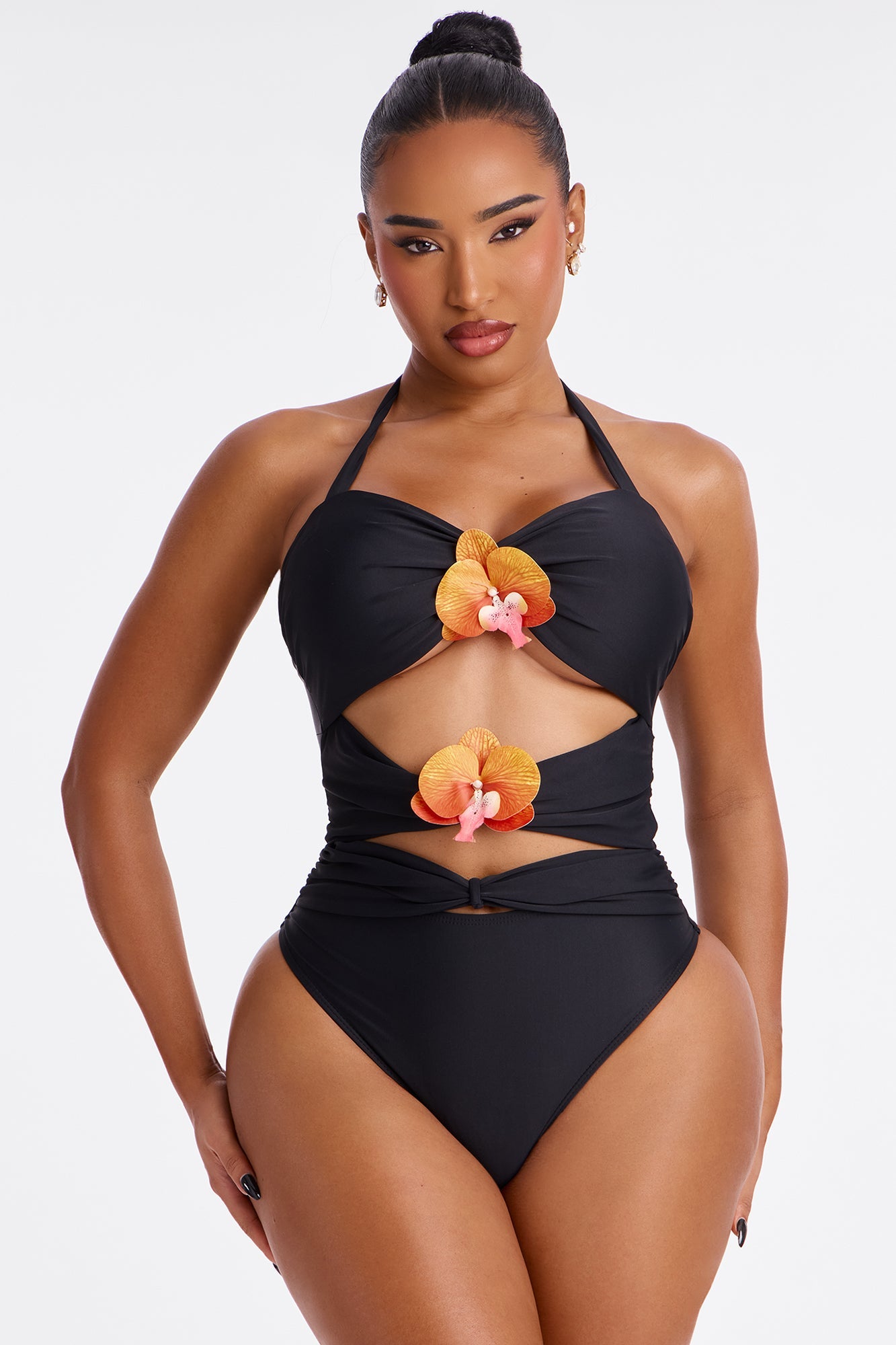 Paradise Orchid Flowers Cutout 1 Piece Swimsuit & Skirt Set - Black/combo