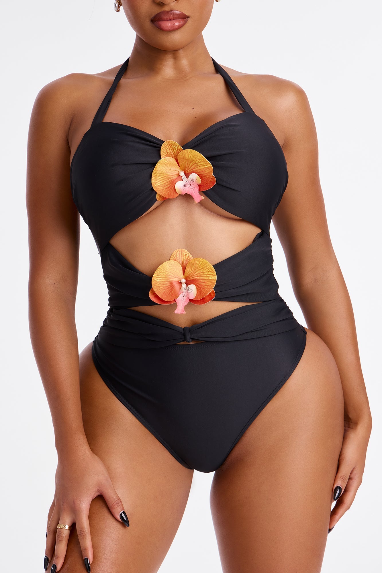 Paradise Orchid Flowers Cutout 1 Piece Swimsuit & Skirt Set - Black/combo