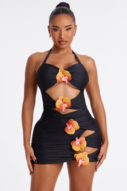 Paradise Orchid Flowers Cutout 1 Piece Swimsuit & Skirt Set - Black/combo