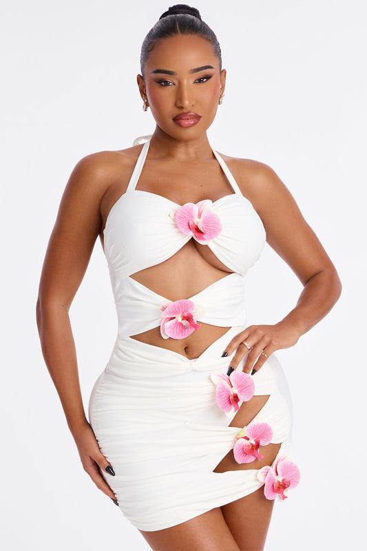 Paradise Orchid Flowers Cutout 1 Piece Swimsuit & Skirt Set - White/combo