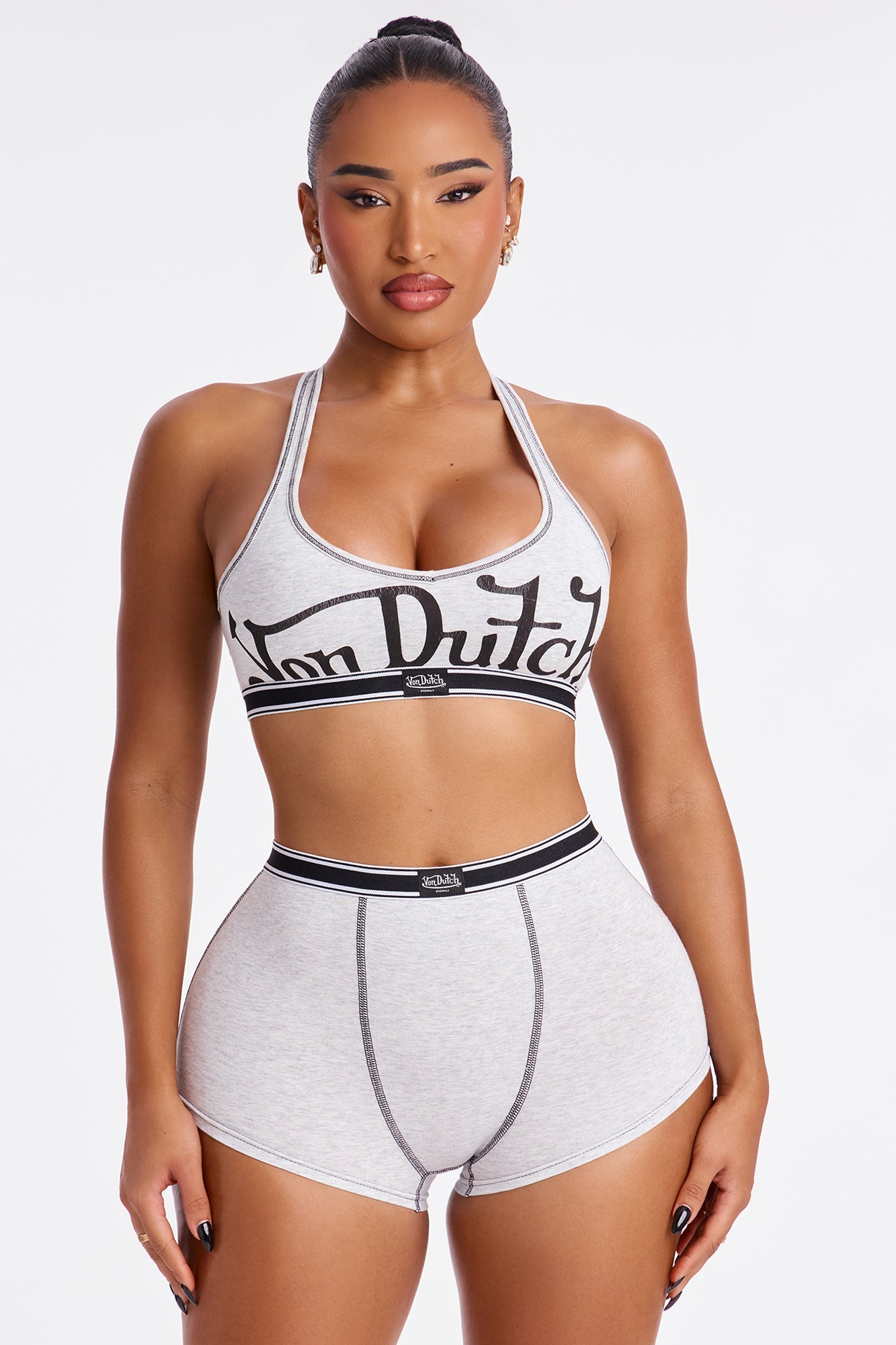 Von Dutch Boxer Brief And Cross Back Bra 2 Piece Set - Grey