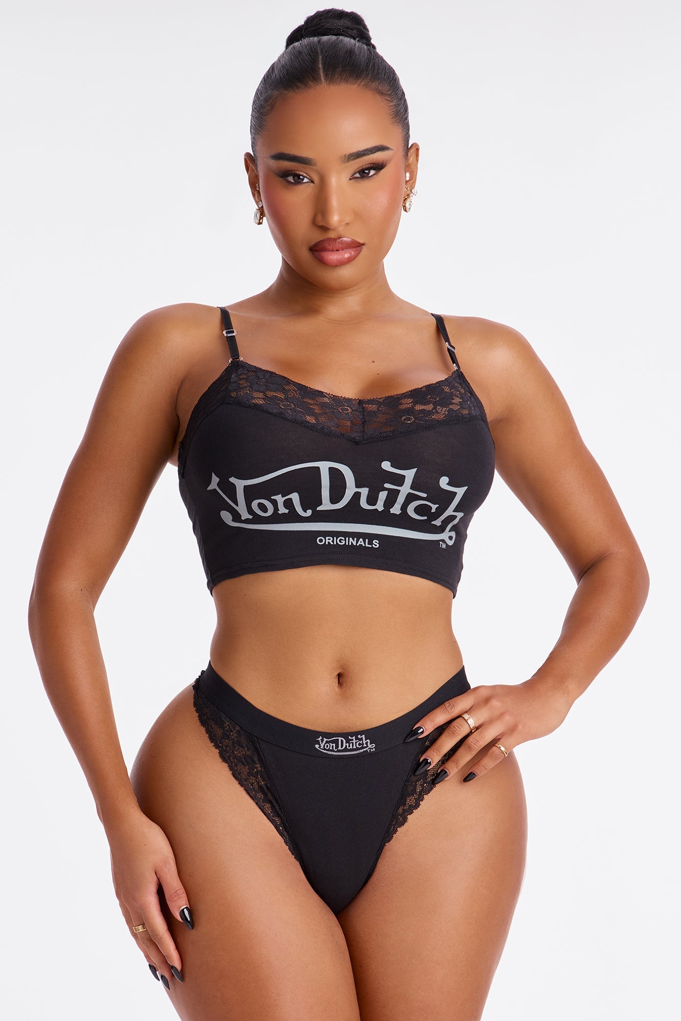 Von Dutch Lace Thong And Cami 2 Piece Set - Black