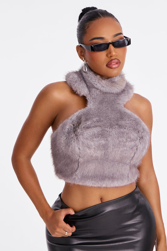 The Fluffier The Better Faux Fur Top - Grey