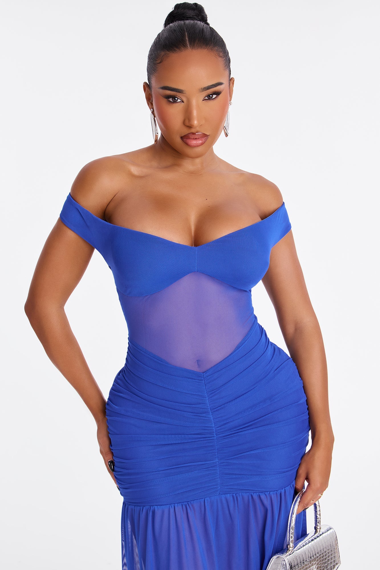 Azaria Ruched Mesh Midi Dress - Royal
