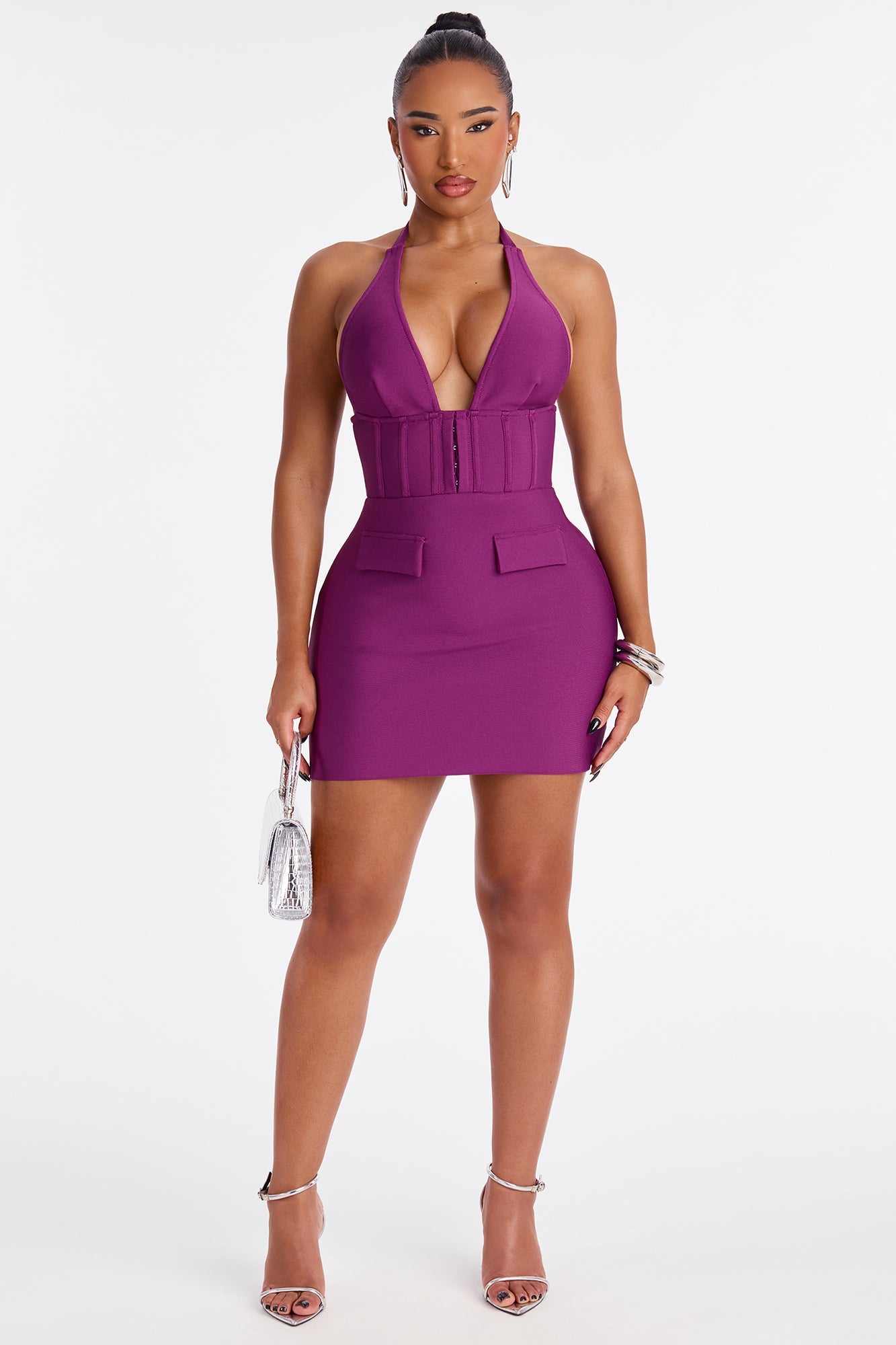 High Command Corset Waist Bandage Mini Dress - Plum