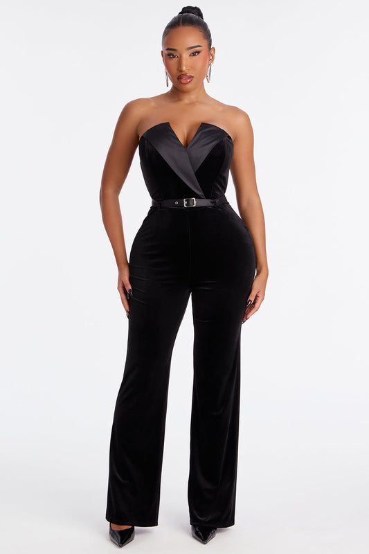 A Night In Monaco Velvet Jumpsuit - Black