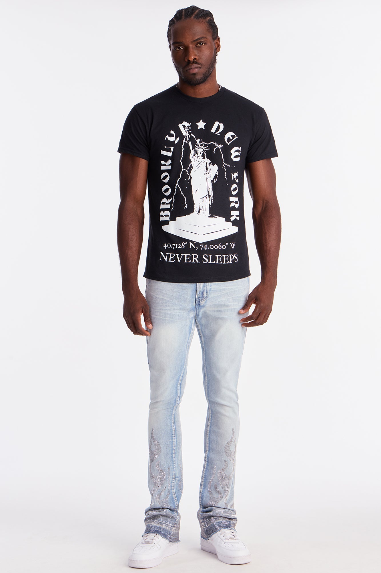 Stacked Skinny Flare Flames Up Jeweled Jean - Light Wash