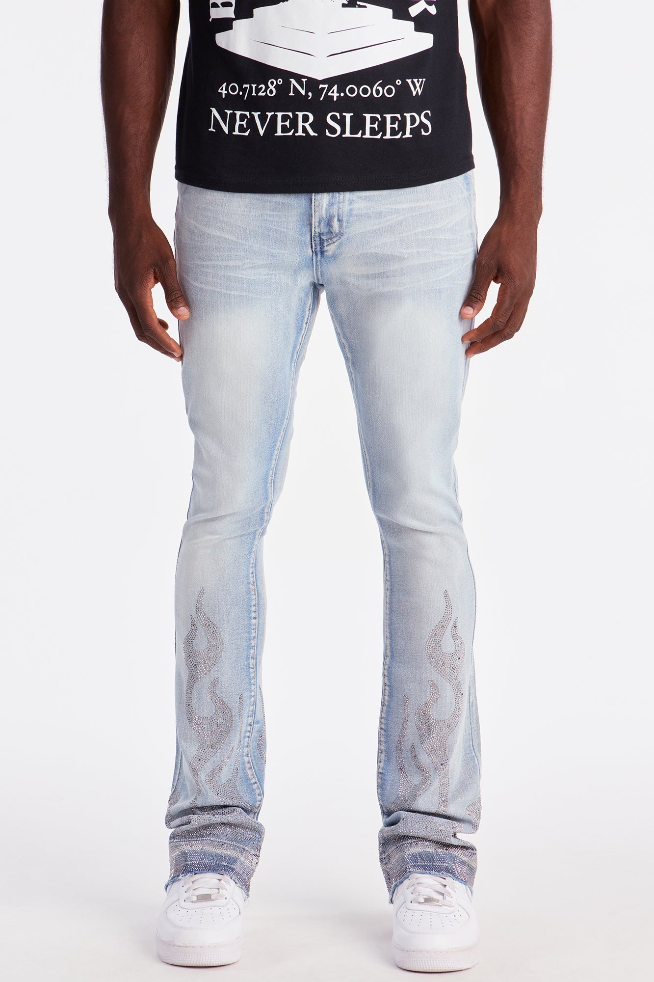 Stacked Skinny Flare Flames Up Jeweled Jean - Light Wash