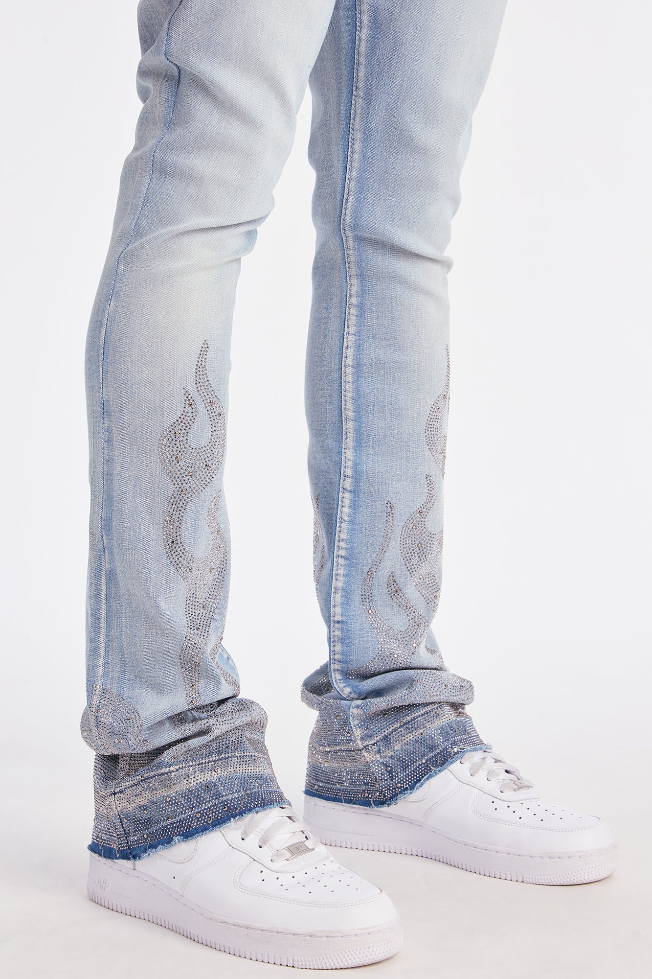 Stacked Skinny Flare Flames Up Jeweled Jean - Light Wash