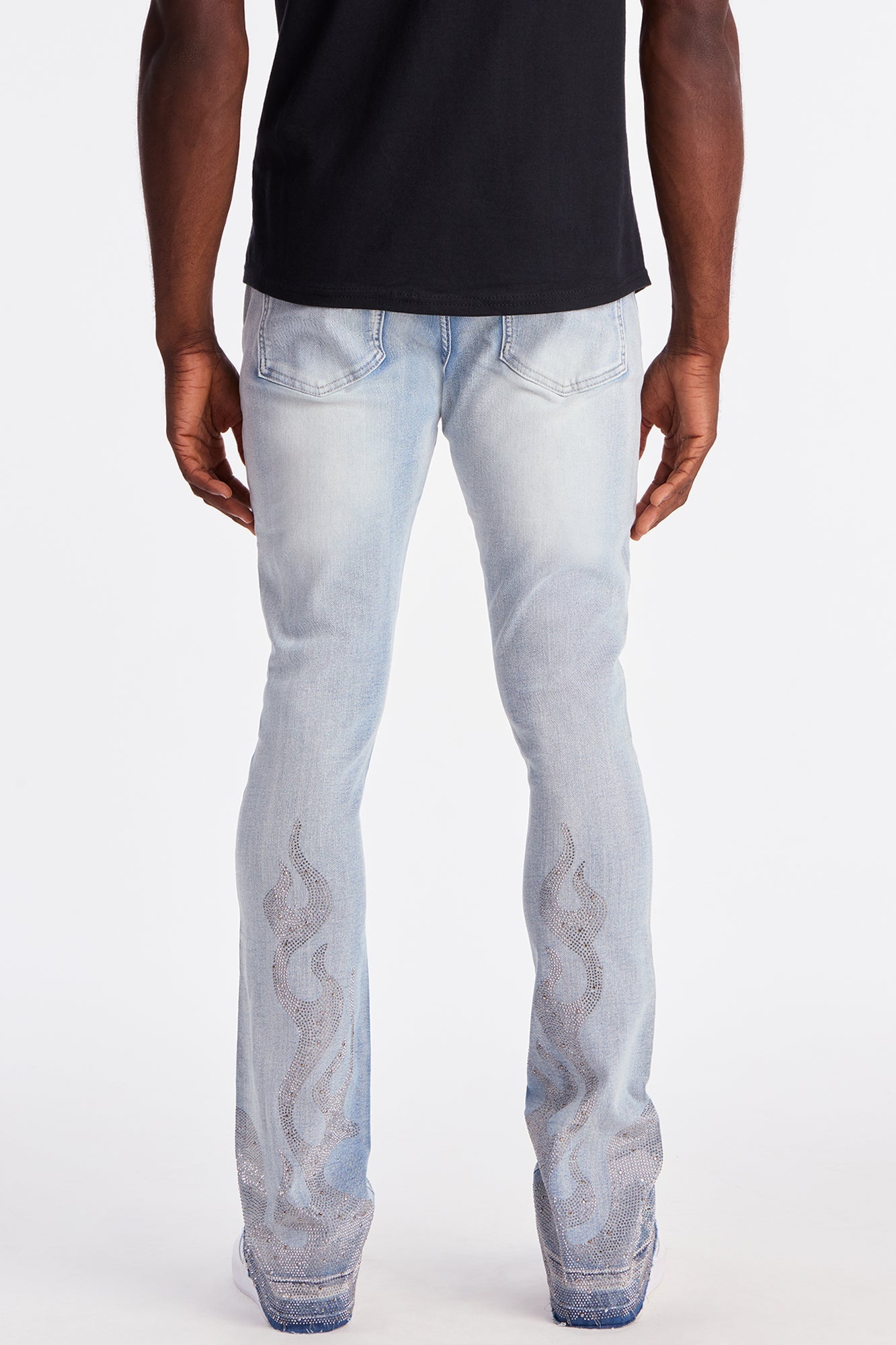 Stacked Skinny Flare Flames Up Jeweled Jean - Light Wash
