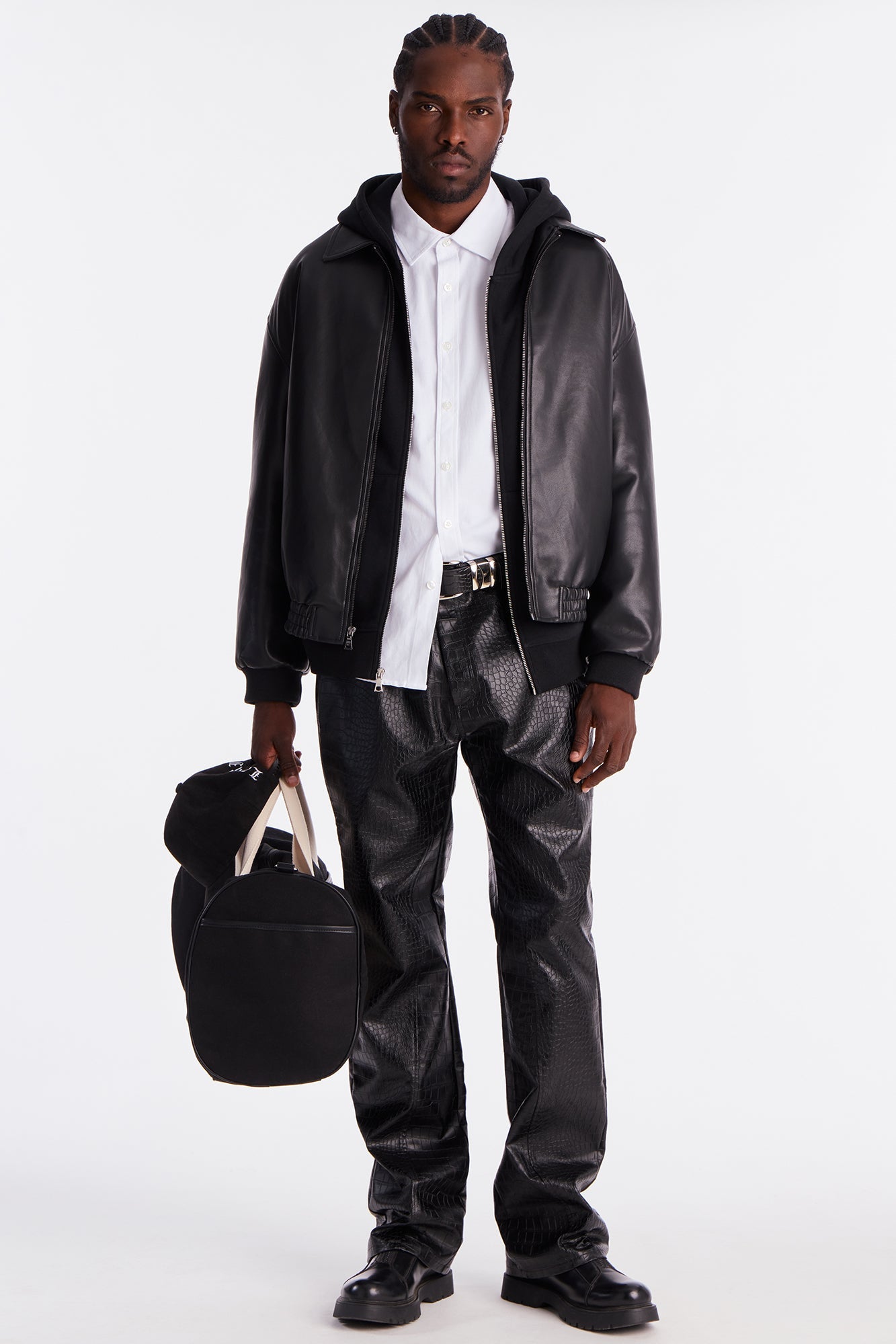 Stacked Slim Flare Gator Embossed Faux Leather Pant - Black