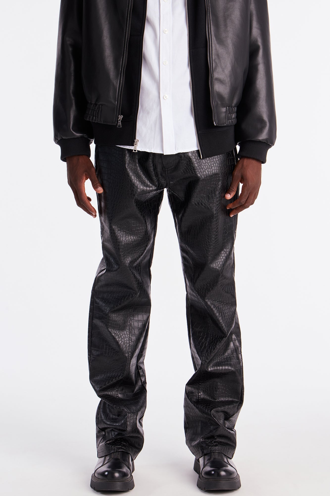 Stacked Slim Flare Gator Embossed Faux Leather Pant - Black