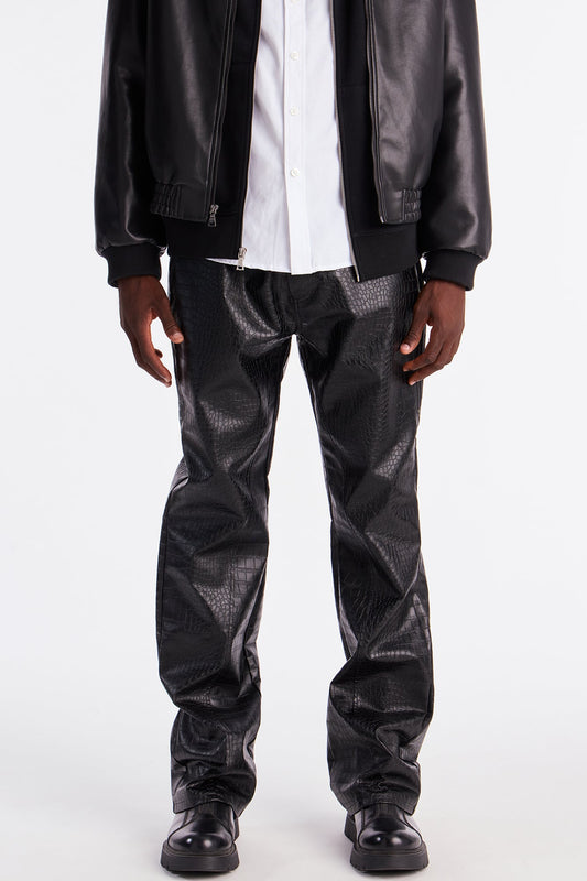 Stacked Slim Flare Gator Embossed Faux Leather Pant - Black