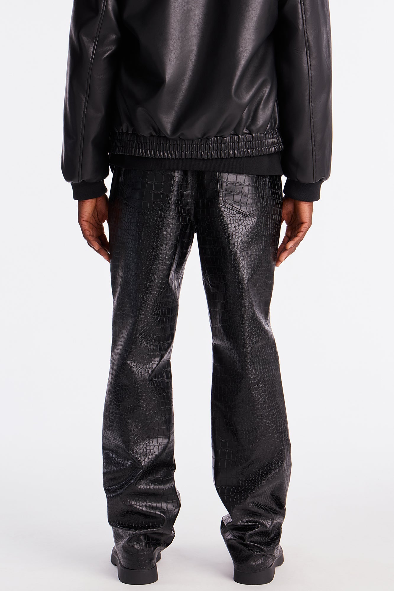 Stacked Slim Flare Gator Embossed Faux Leather Pant - Black