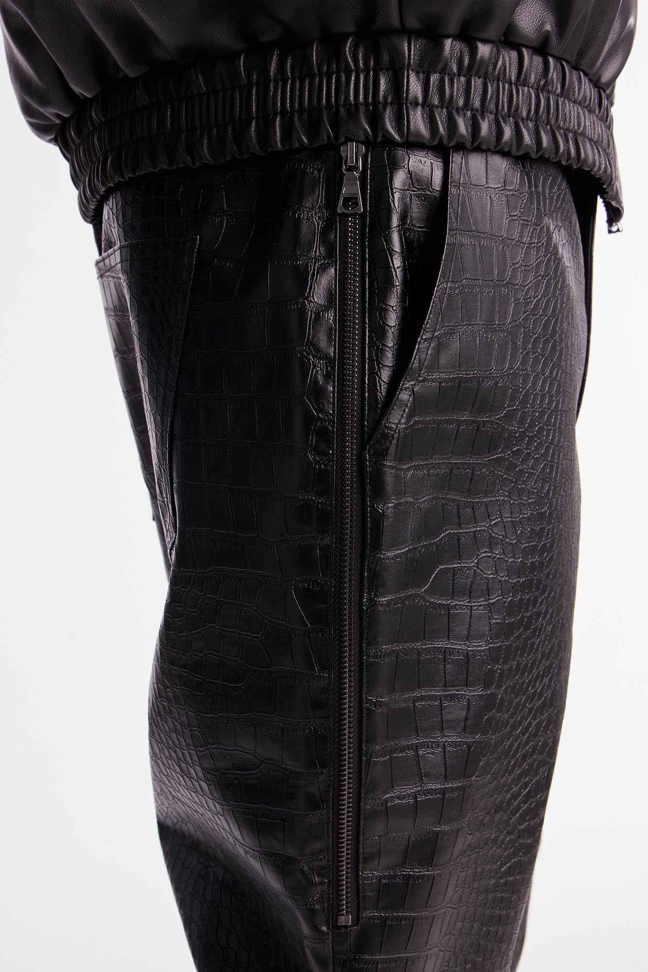 Stacked Slim Flare Gator Embossed Faux Leather Pant - Black