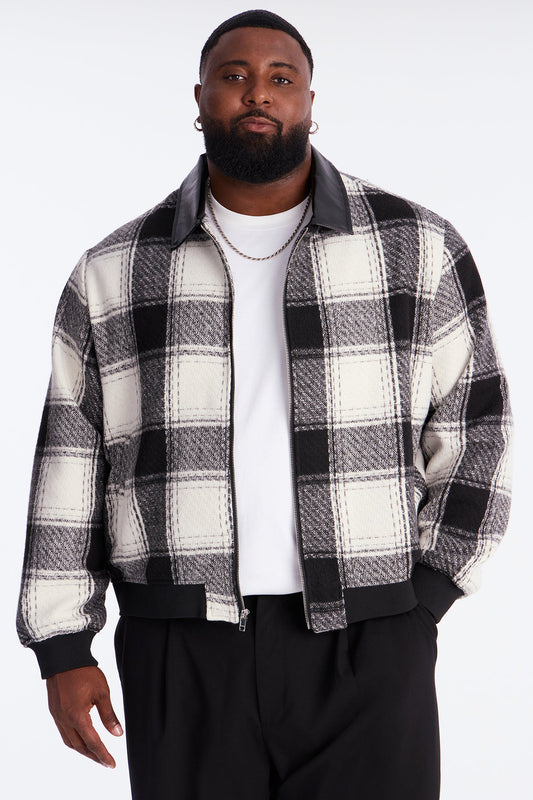 Tweed Plaid Bomber Jacket - Black