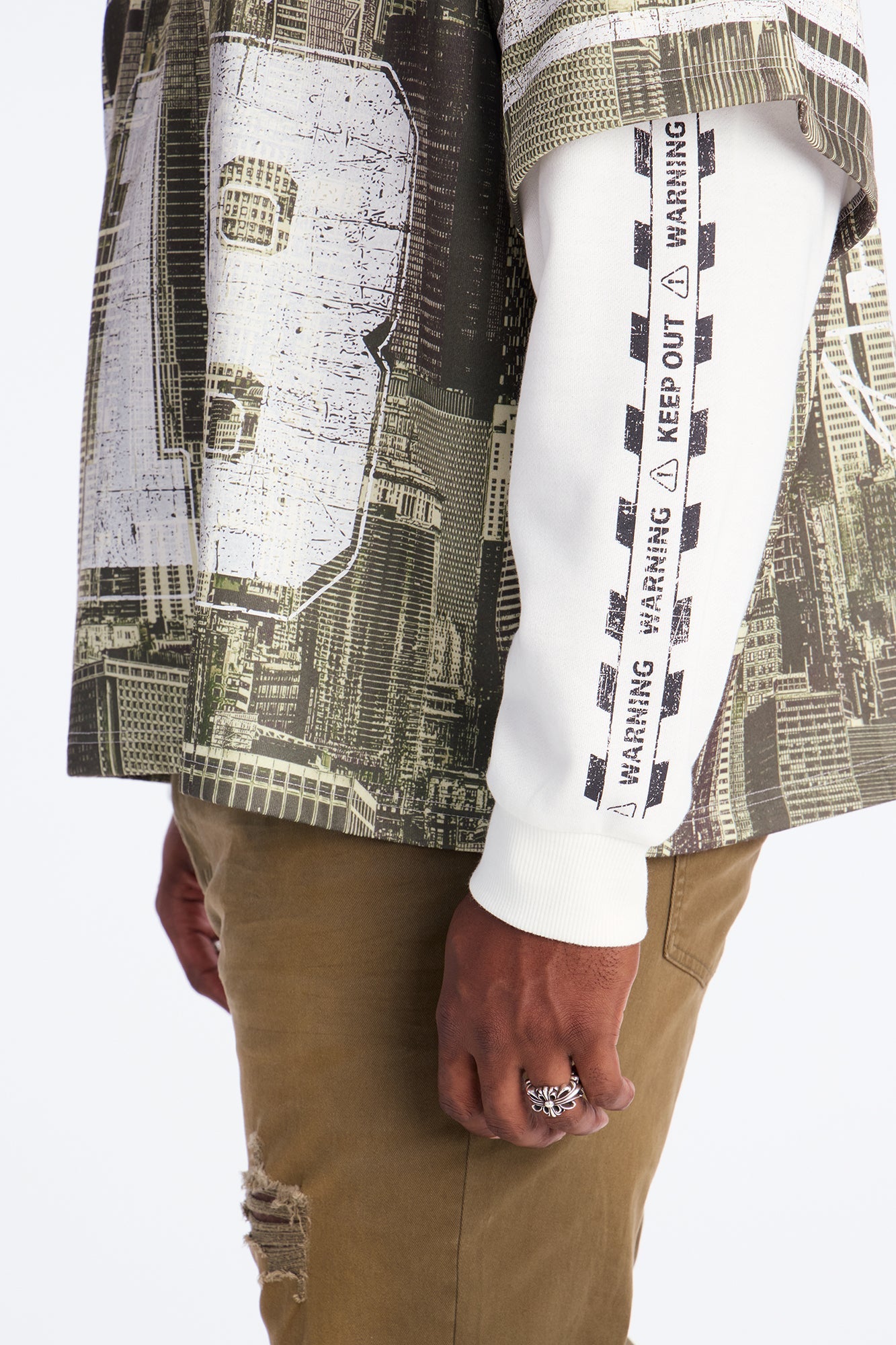 Oversized Concrete Jungle Skylines Long Sleeve Tee - Green/combo