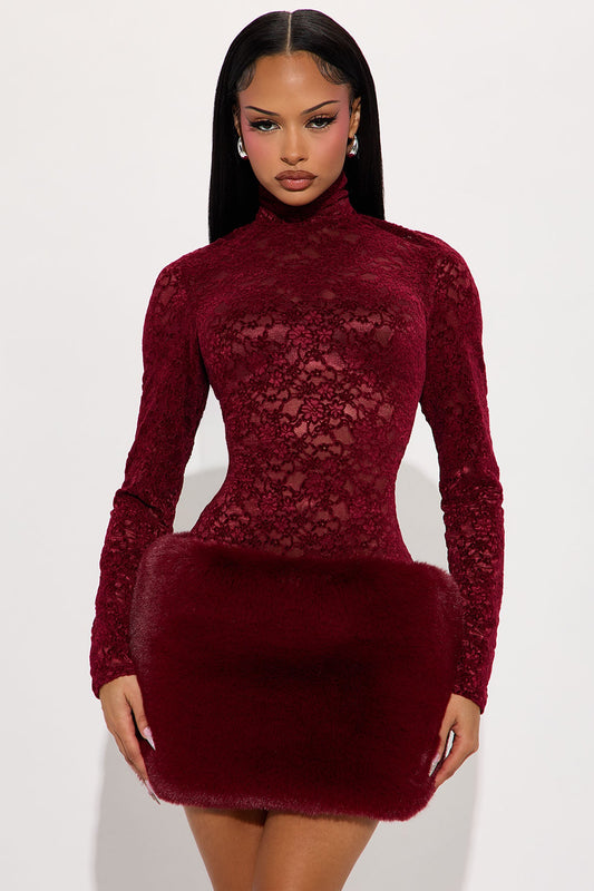 If You Had My Love Fur Trim Lace Mini Dress - Burgundy