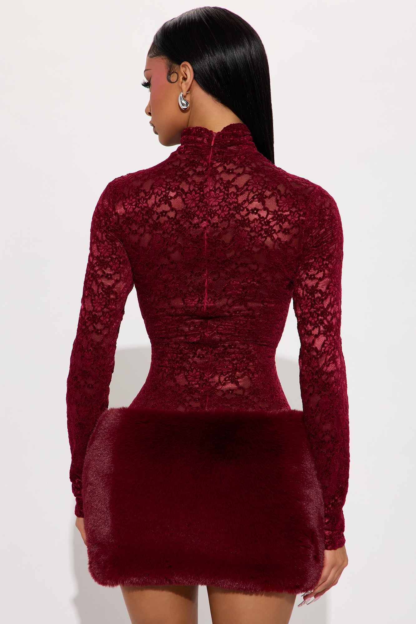 If You Had My Love Fur Trim Lace Mini Dress - Burgundy