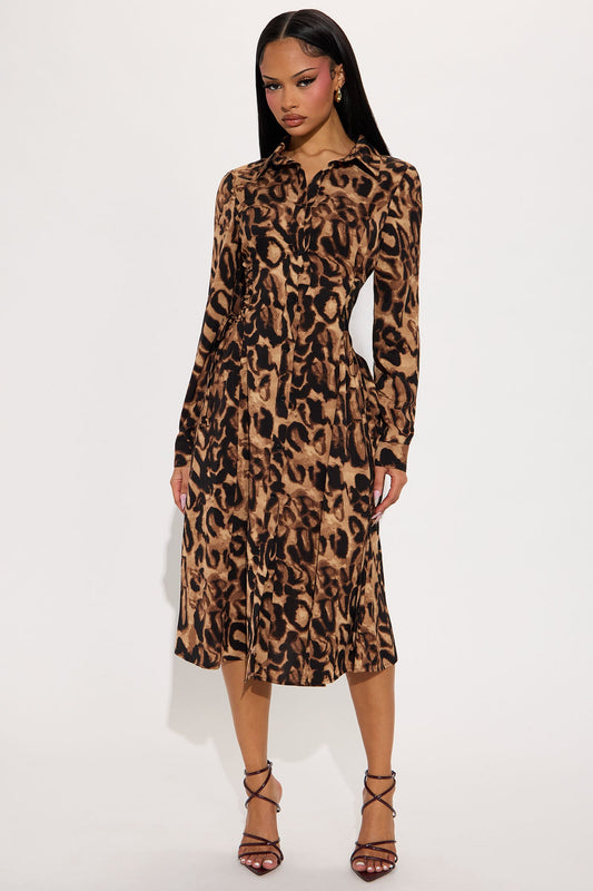 Danica Collar Leopard Midi Dress - Leopard