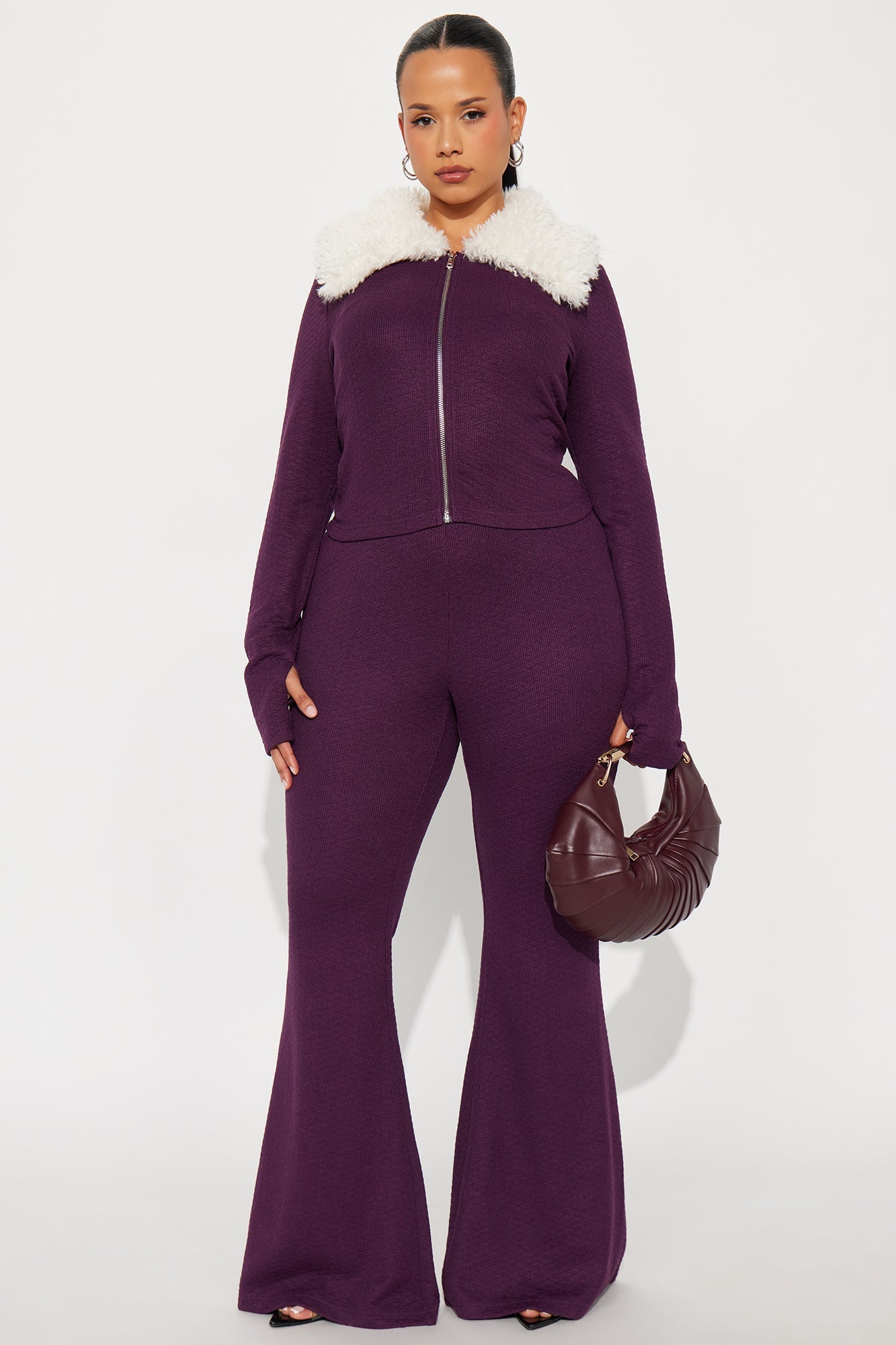 Daphne Faux Fur Trim Pant Set - Plum