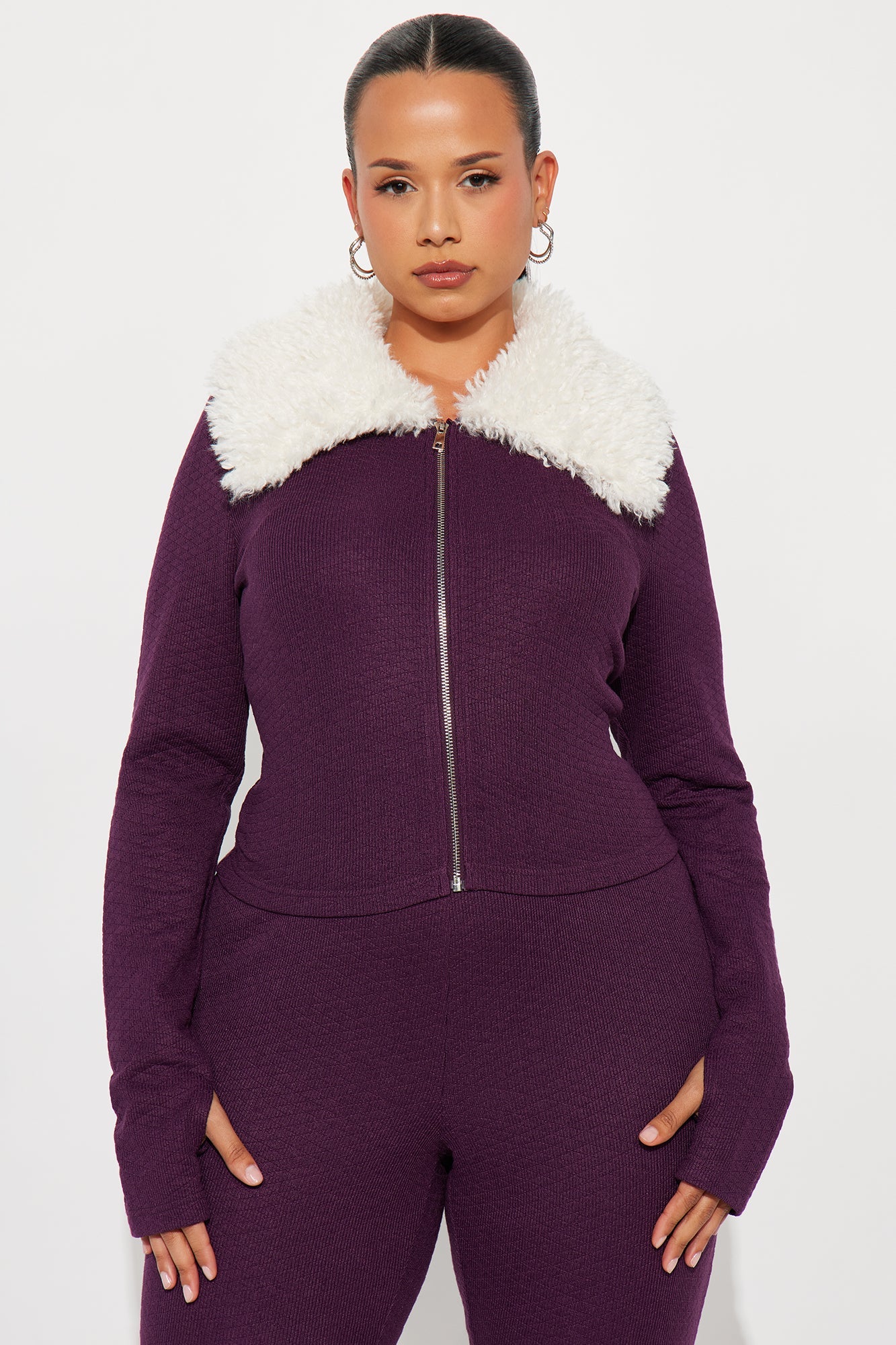 Daphne Faux Fur Trim Pant Set - Plum