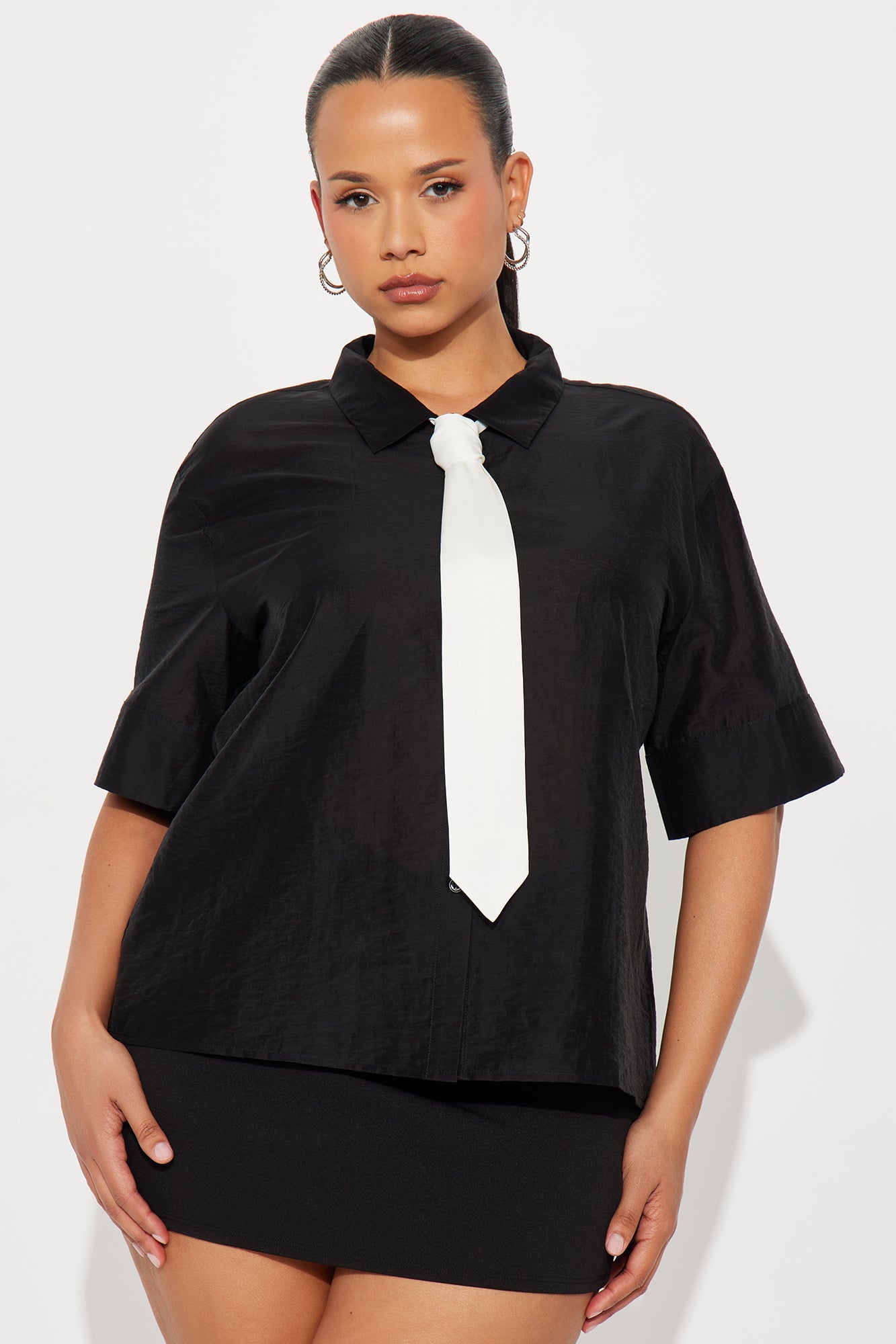 Give It A Try Neck Tie Organza Shirt - Black/White