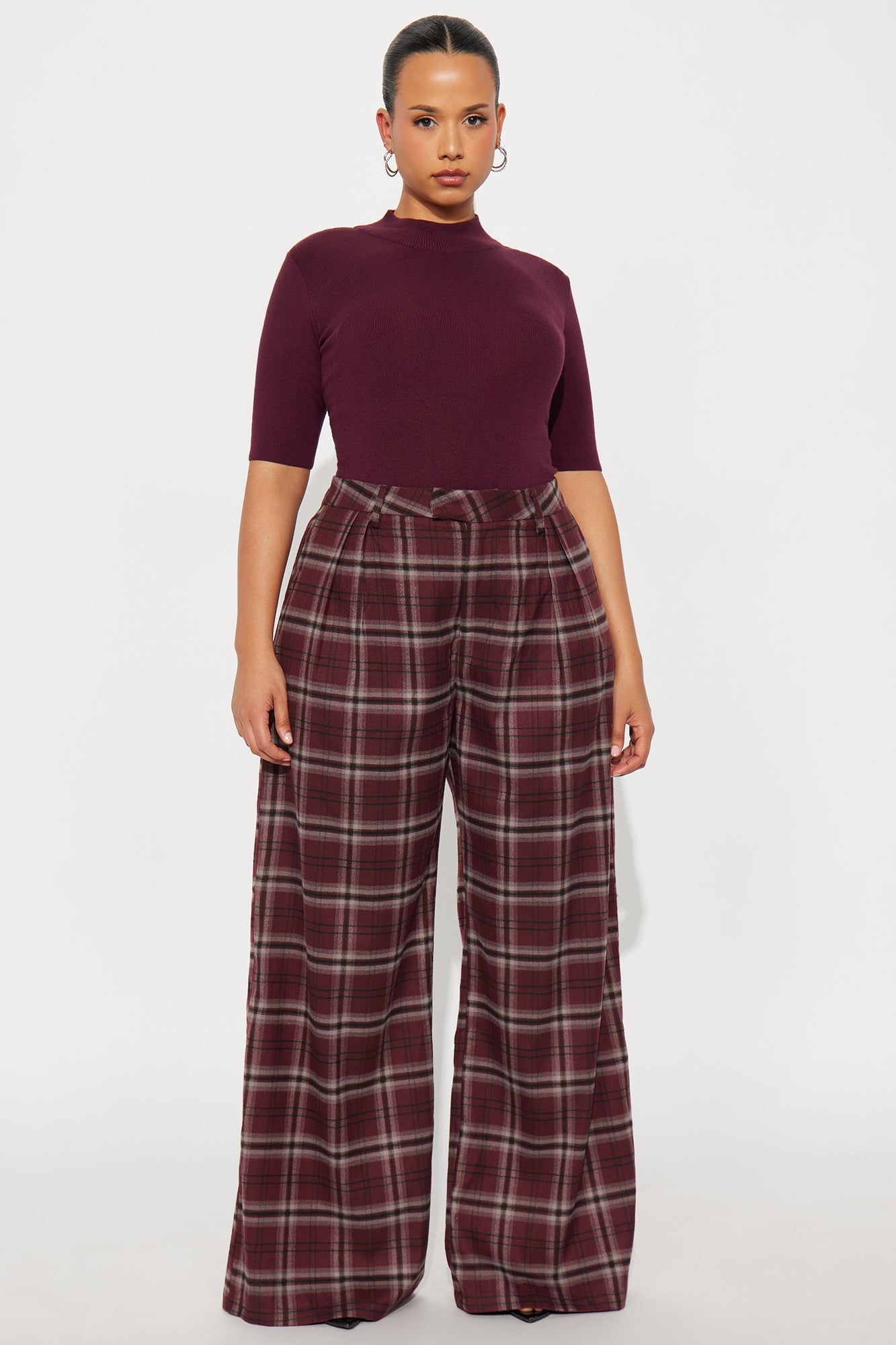 Study Break Plaid Wide Leg Pant 32″ - Burgundy/combo