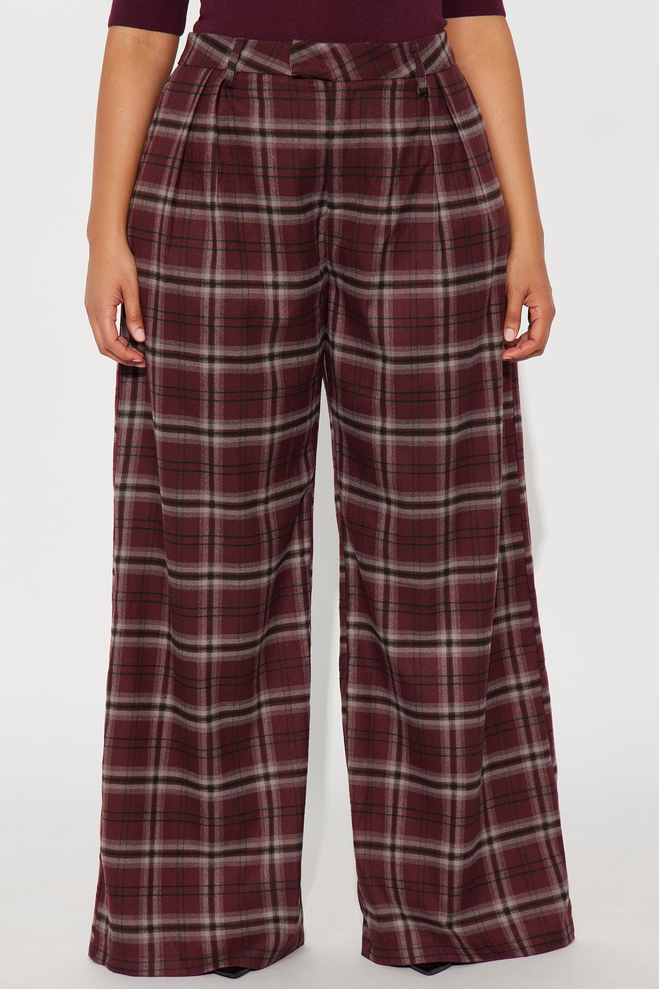 Study Break Plaid Wide Leg Pant 32″ - Burgundy/combo