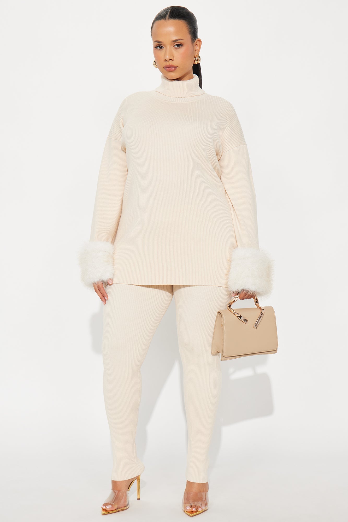 Carrie Faux Fur Trim Pant Set - Cream
