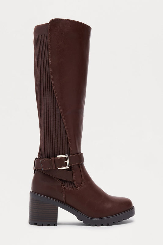 Daya Buckle Knee High Boots - Brown