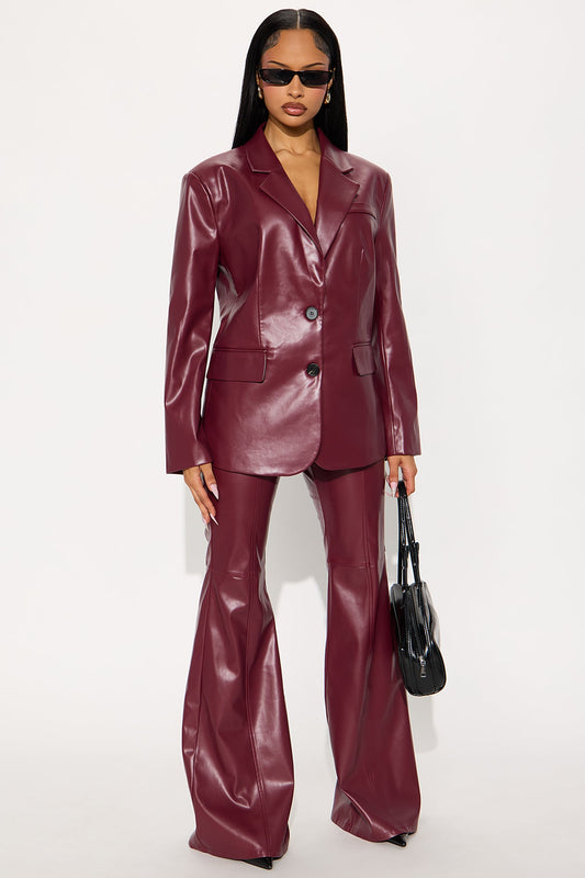 Fernanda Faux Leather Blazer Pant Set - Wine
