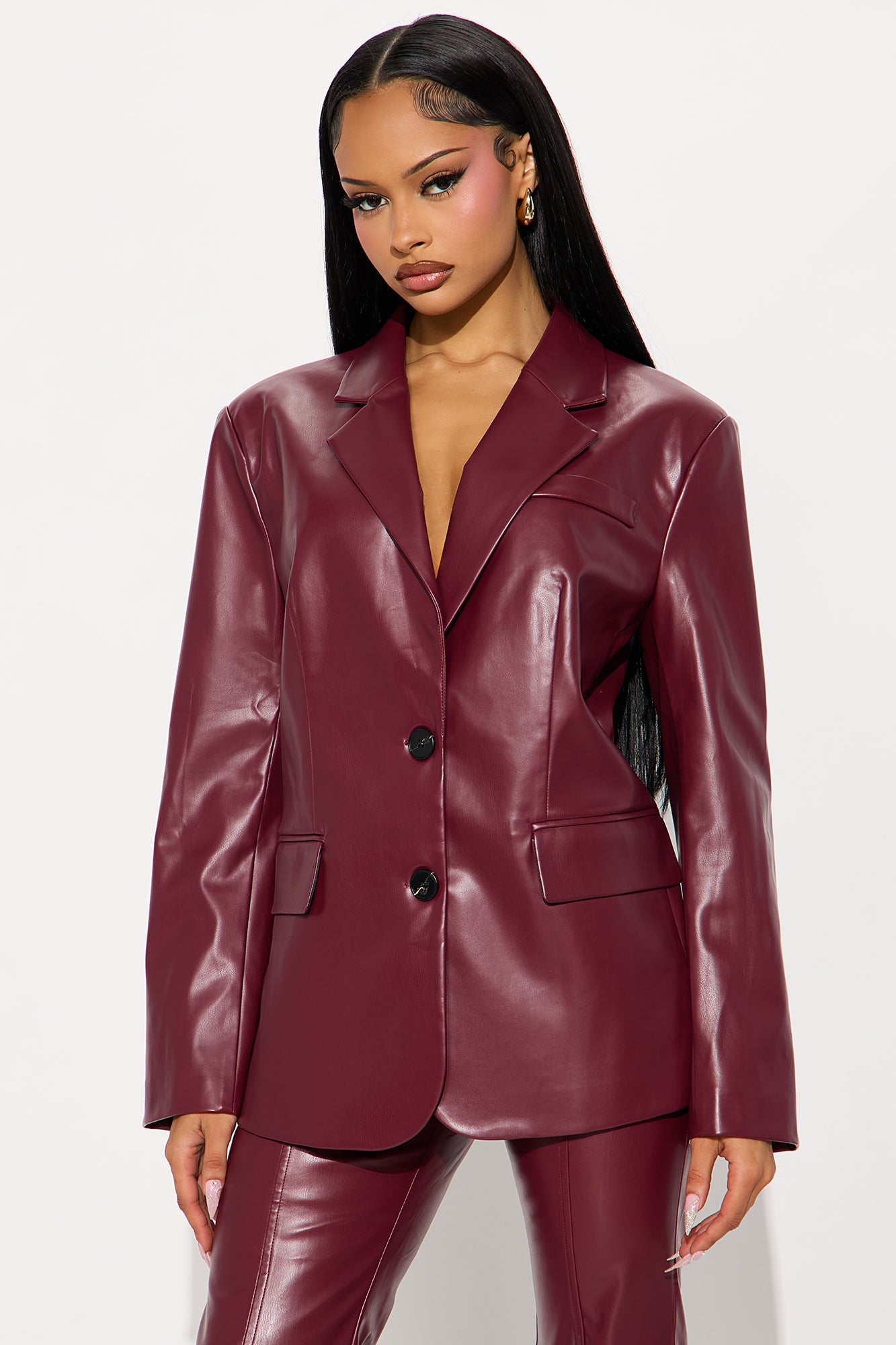 Fernanda Faux Leather Blazer Pant Set - Wine