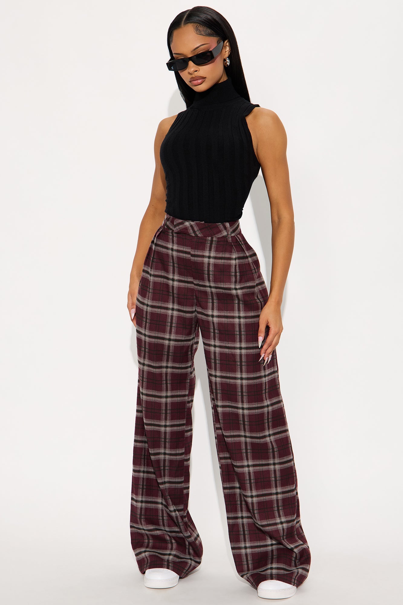 Study Break Plaid Wide Leg Pant 32″ - Burgundy/combo
