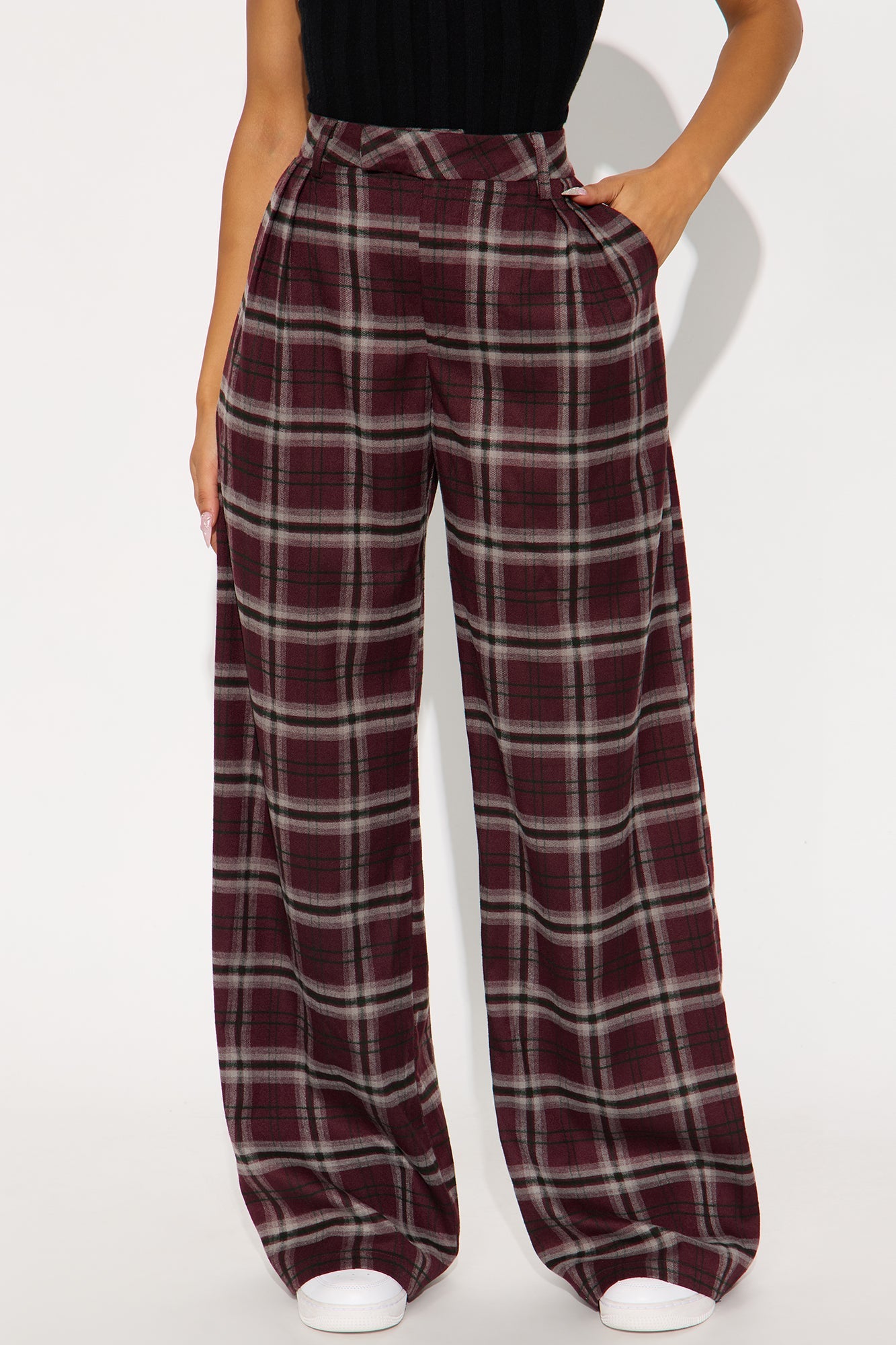 Study Break Plaid Wide Leg Pant 32″ - Burgundy/combo
