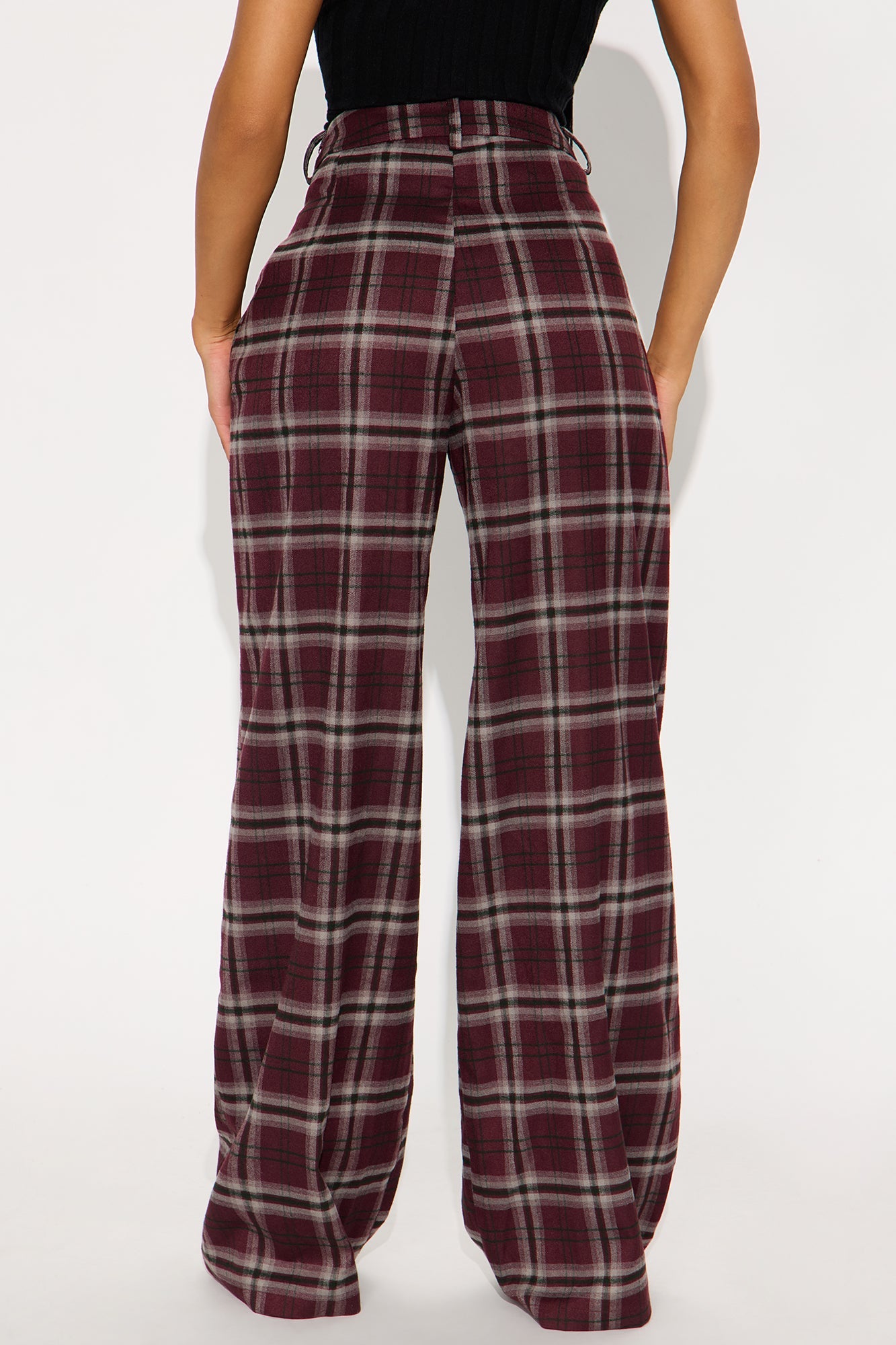 Study Break Plaid Wide Leg Pant 32″ - Burgundy/combo