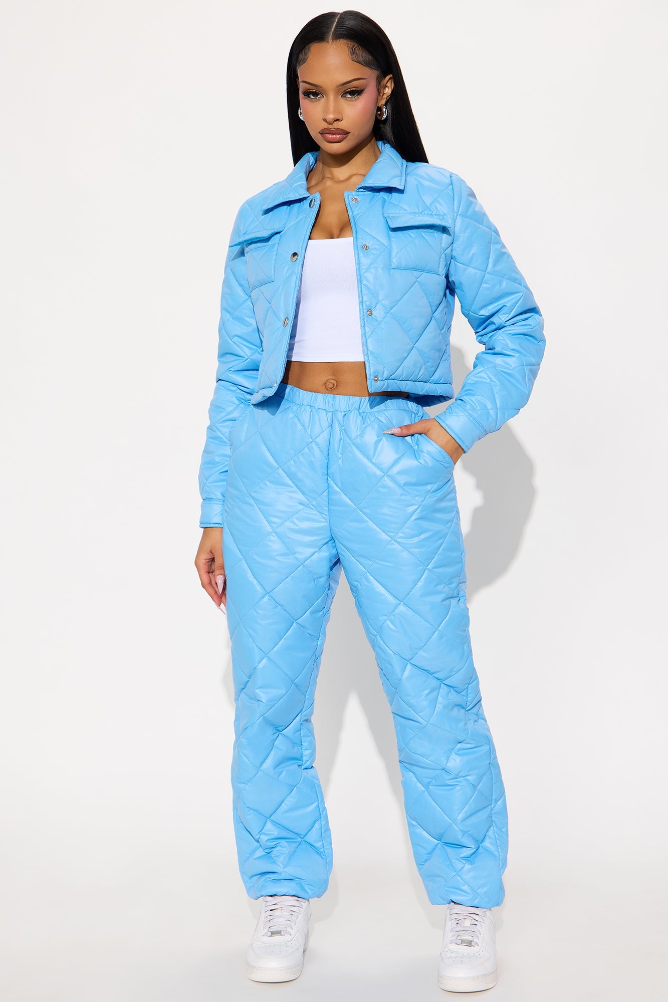 State Of Mind Quilted Jacket Jogger Set - Light Blue