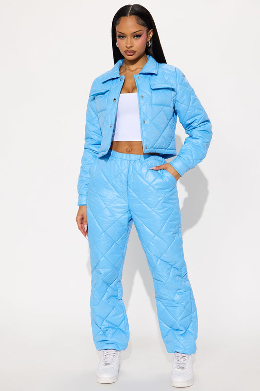 State Of Mind Quilted Jacket Jogger Set - Light Blue